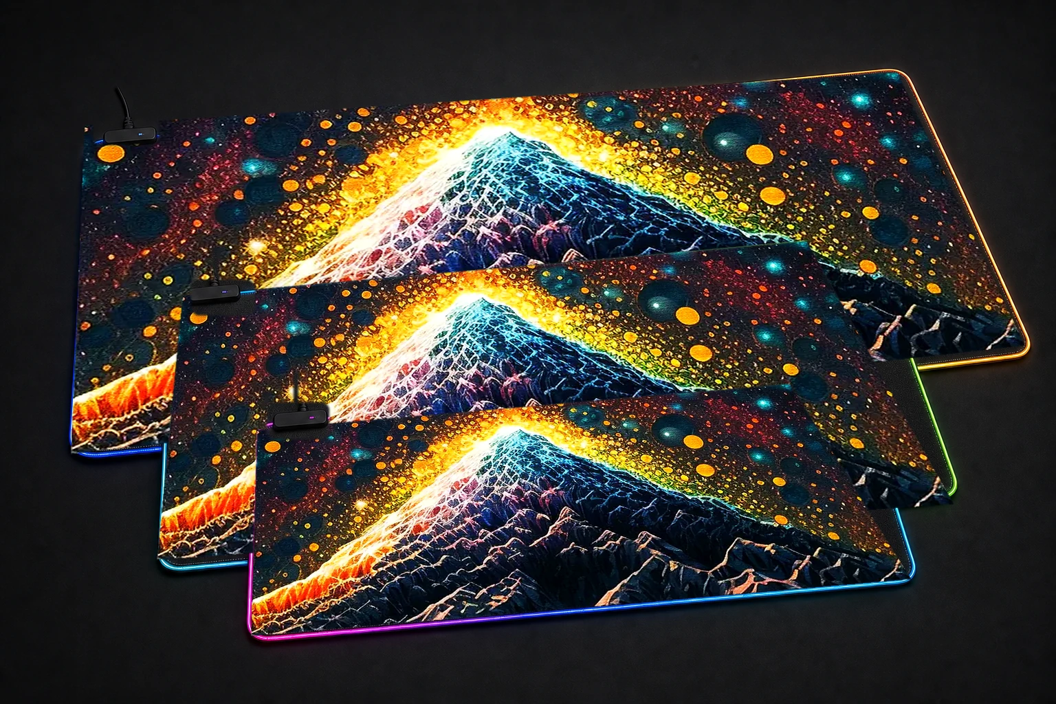 Mountain Bubble Art RGB Desk Mat three-size comparison