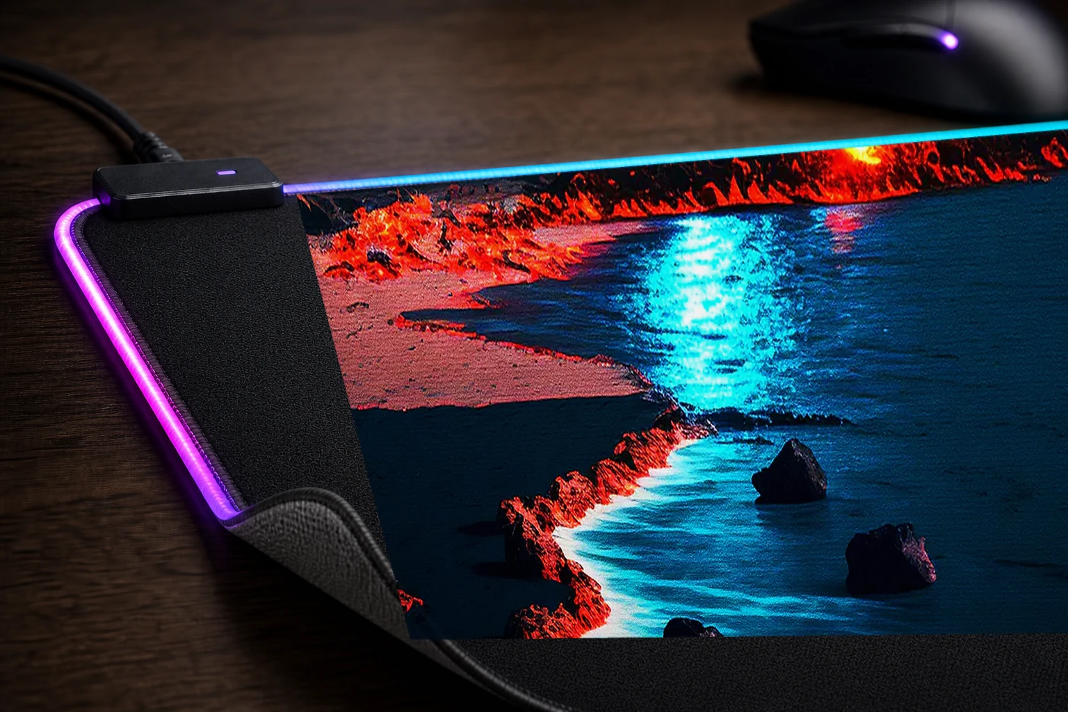 Volcano beach at moonlight RGB Desk Mat controller and material detail