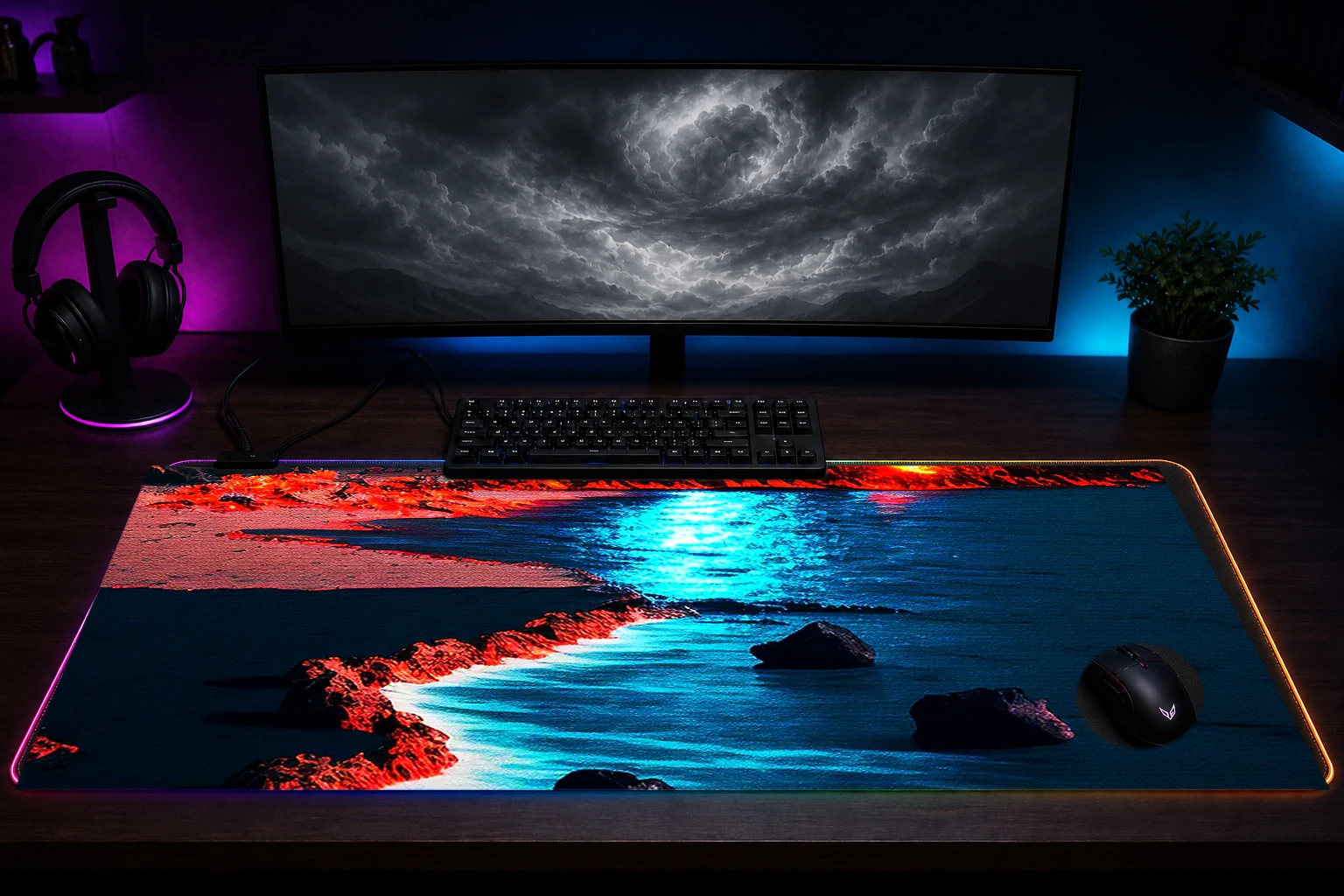 Volcano beach at moonlight RGB Desk Mat immersive setup scene