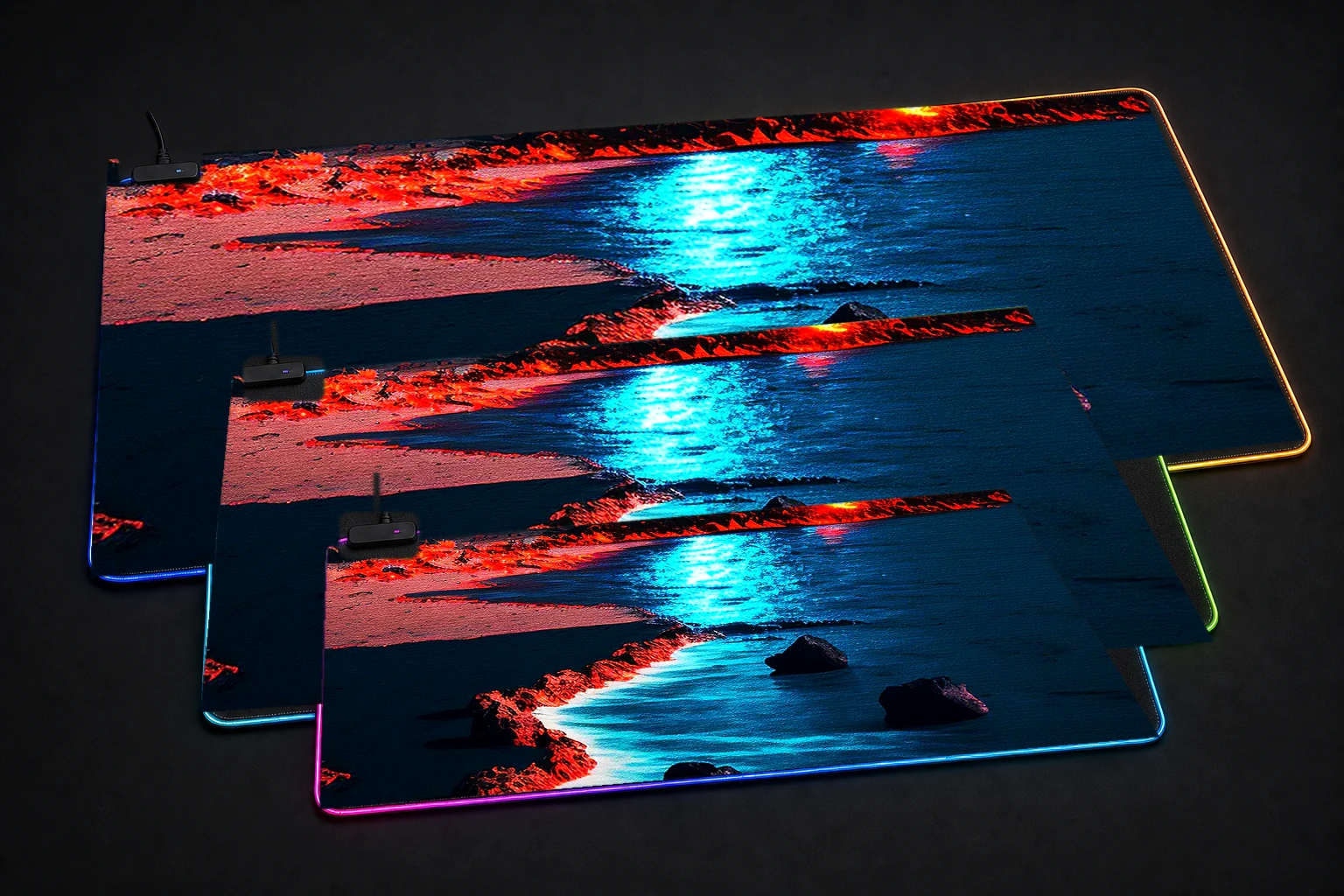 Volcano beach at moonlight RGB Desk Mat three-size comparison
