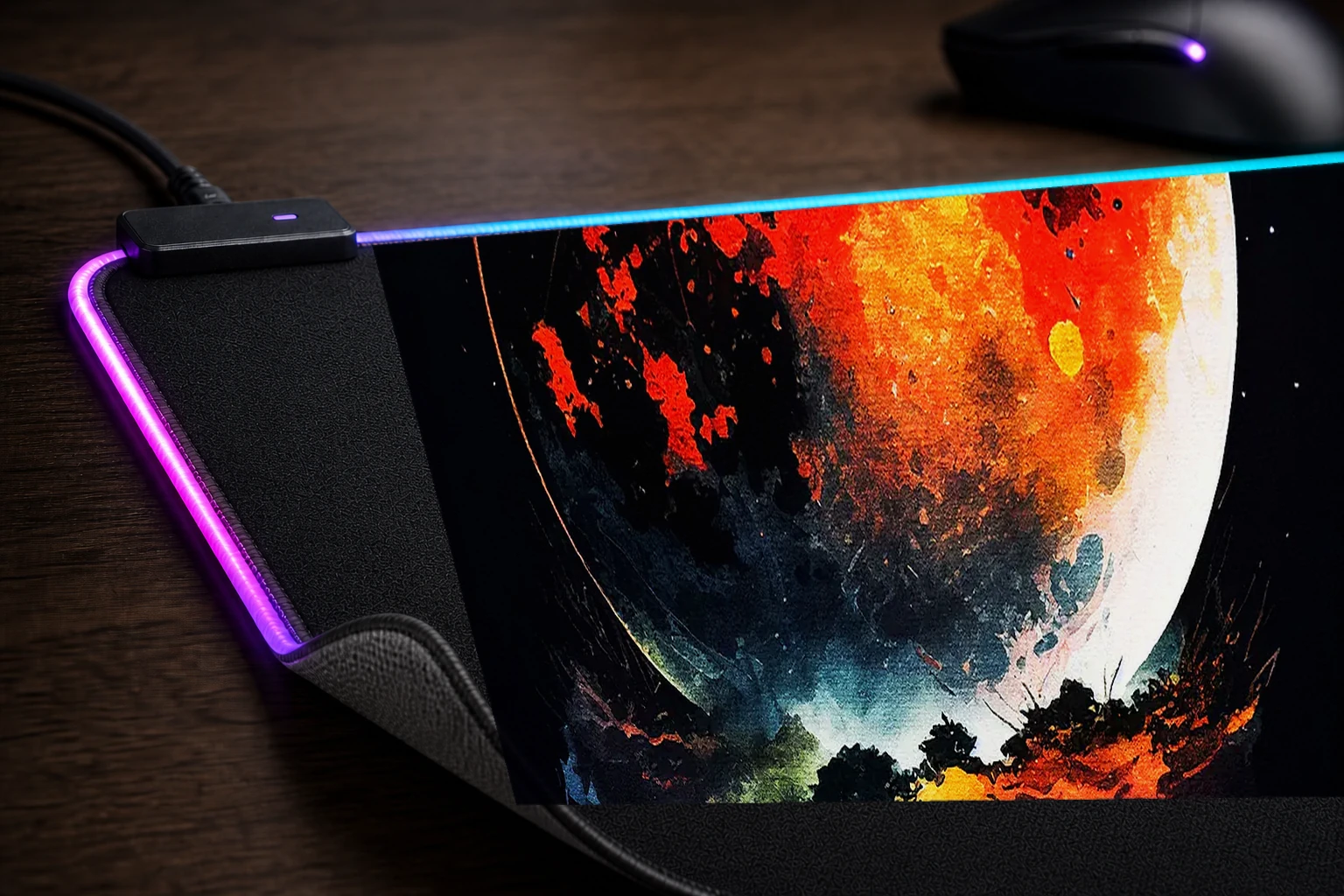 Splatter The Moon RGB Desk Mat controller and material detail
