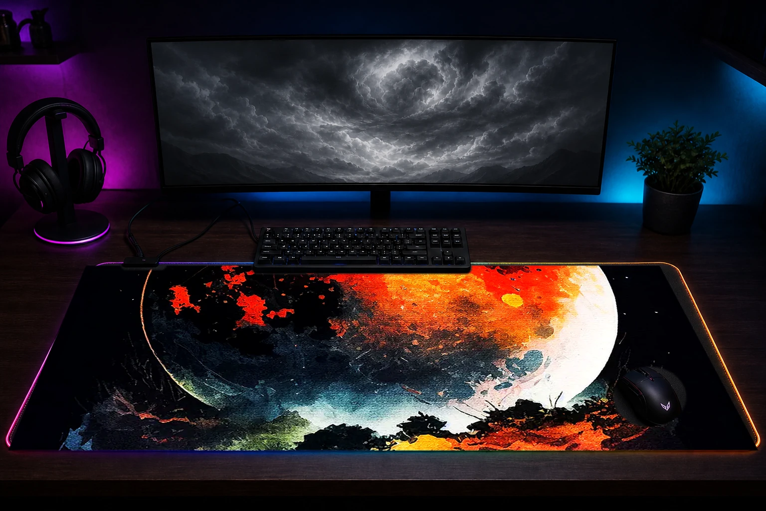 Splatter The Moon RGB Desk Mat immersive setup scene