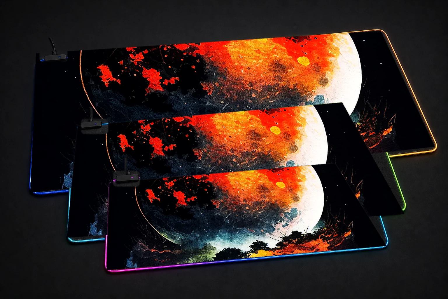 Splatter The Moon RGB Desk Mat three-size comparison