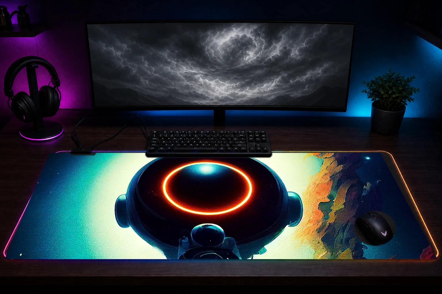 Fantasy Alien RGB Desk Mat immersive setup scene