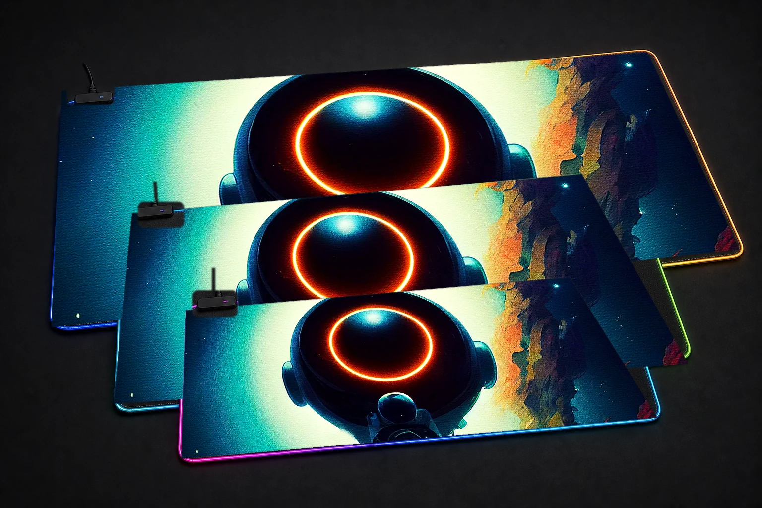 Fantasy Alien RGB Desk Mat three-size comparison