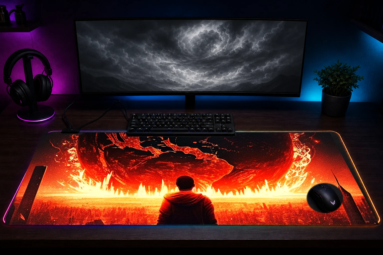 The world is on fire RGB Desk Mat immersive setup scene