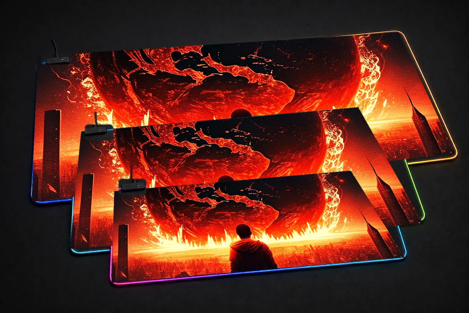 The world is on fire RGB Desk Mat three-size comparison