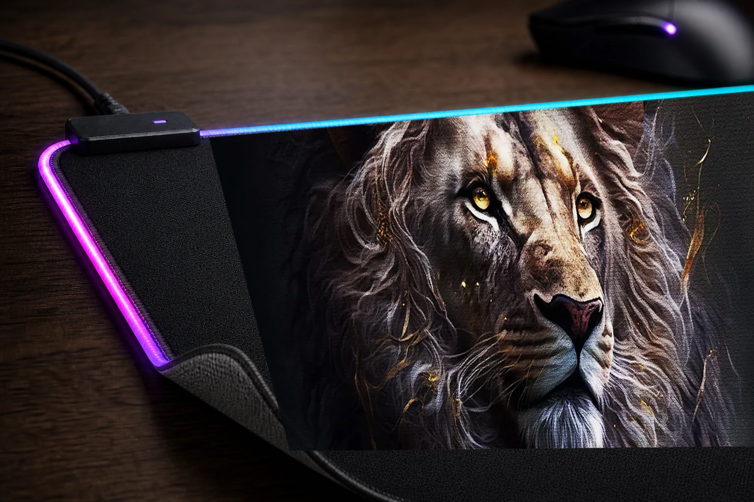 Portrait Black Lion RGB Desk Mat controller and material detail