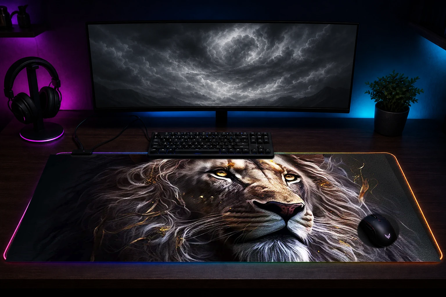 Portrait Black Lion RGB Desk Mat immersive setup scene