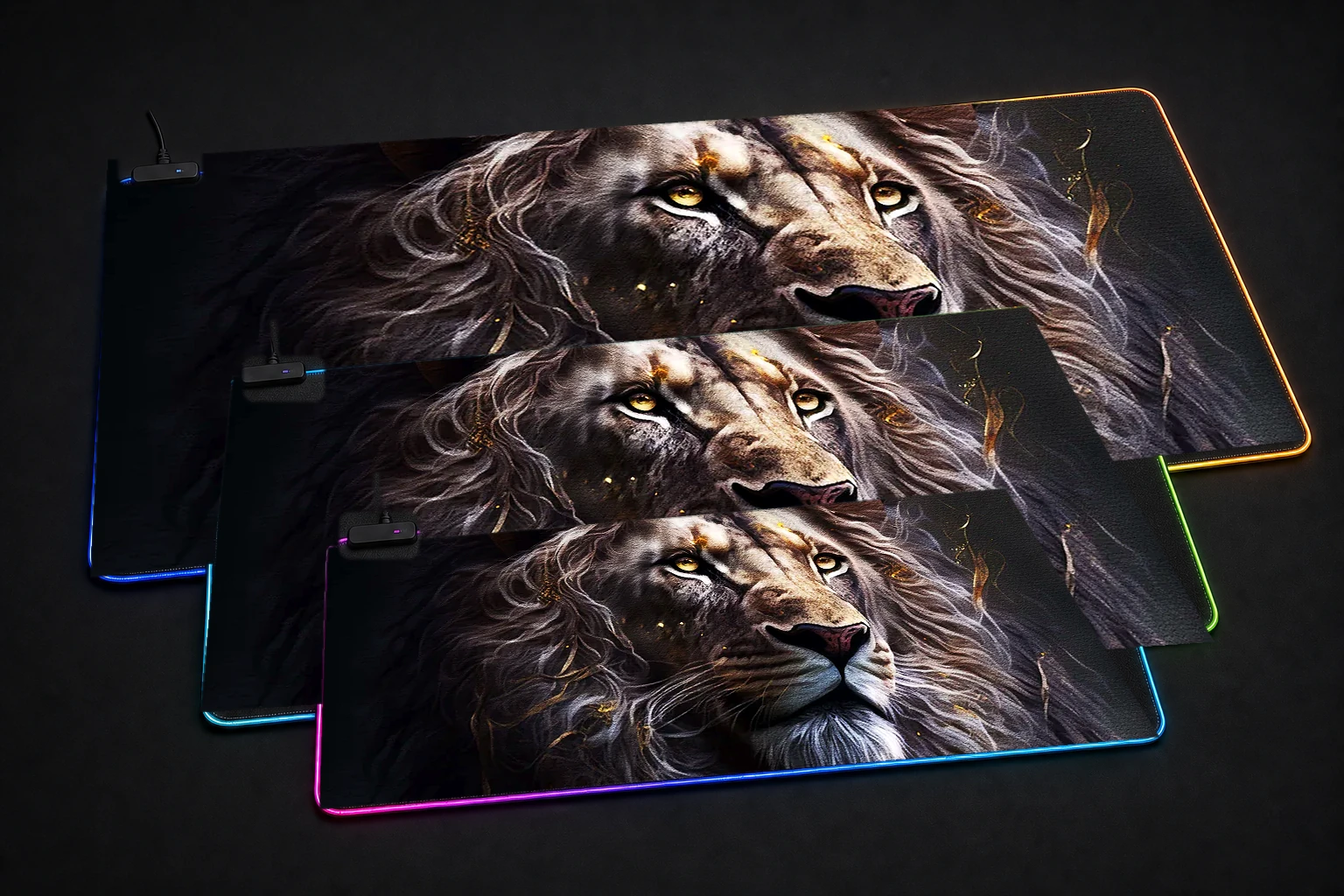 Portrait Black Lion RGB Desk Mat three-size comparison