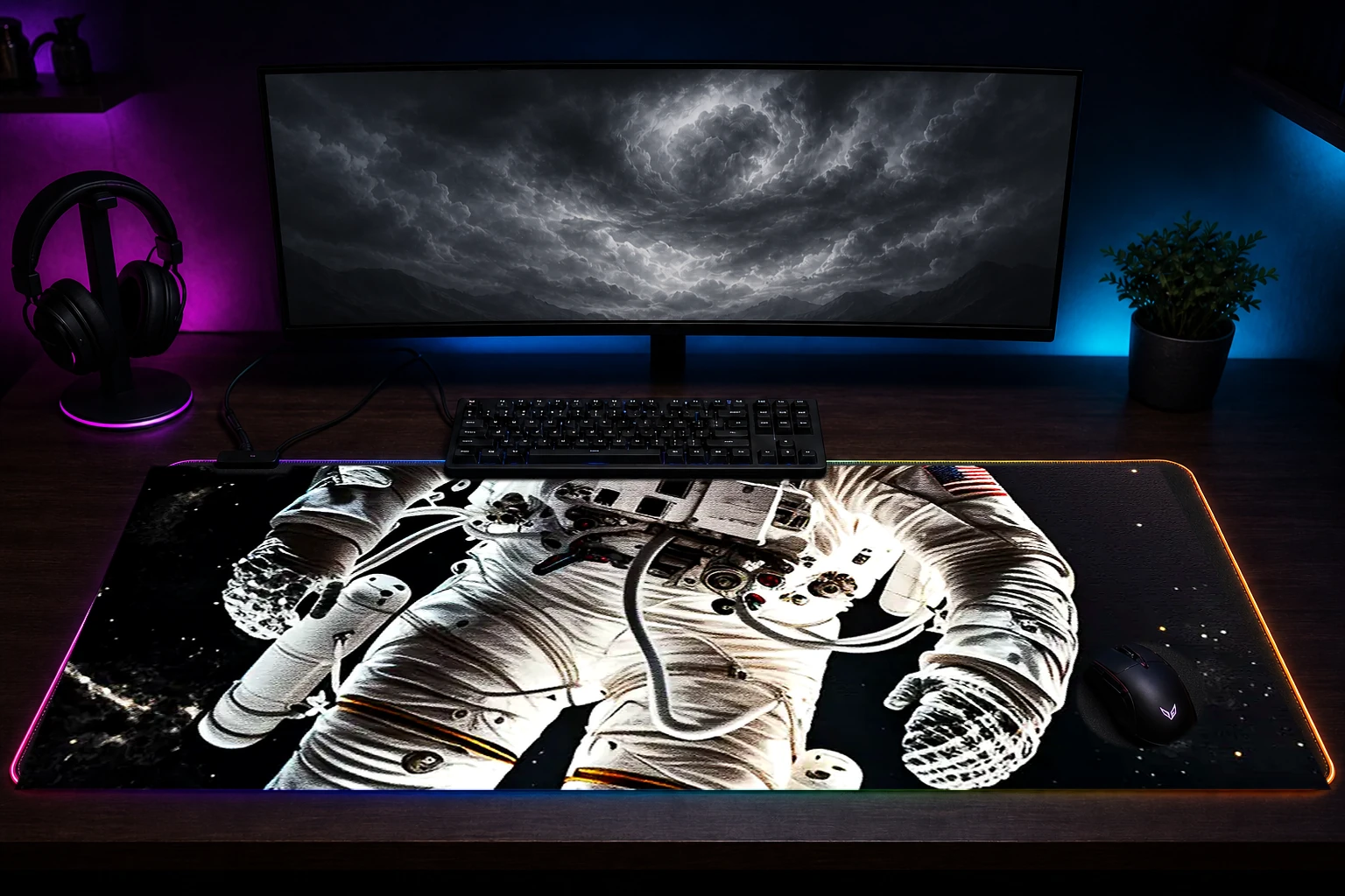 Space Walk RGB Desk Mat immersive setup scene