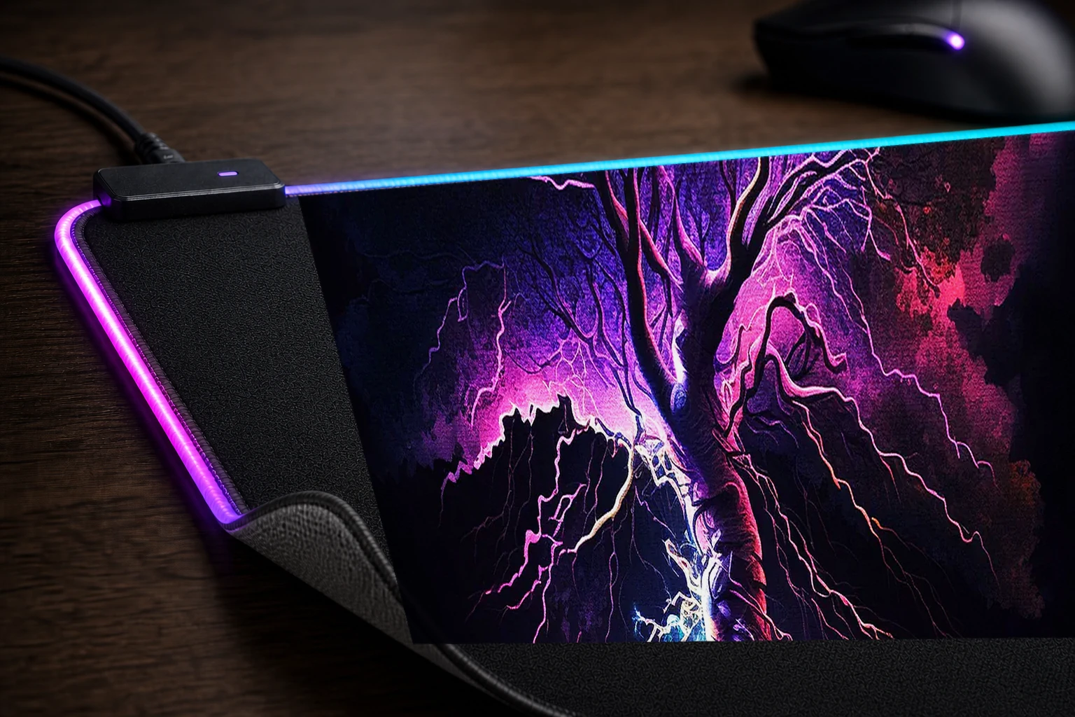 Abstract lightning strike RGB Desk Mat controller and material detail