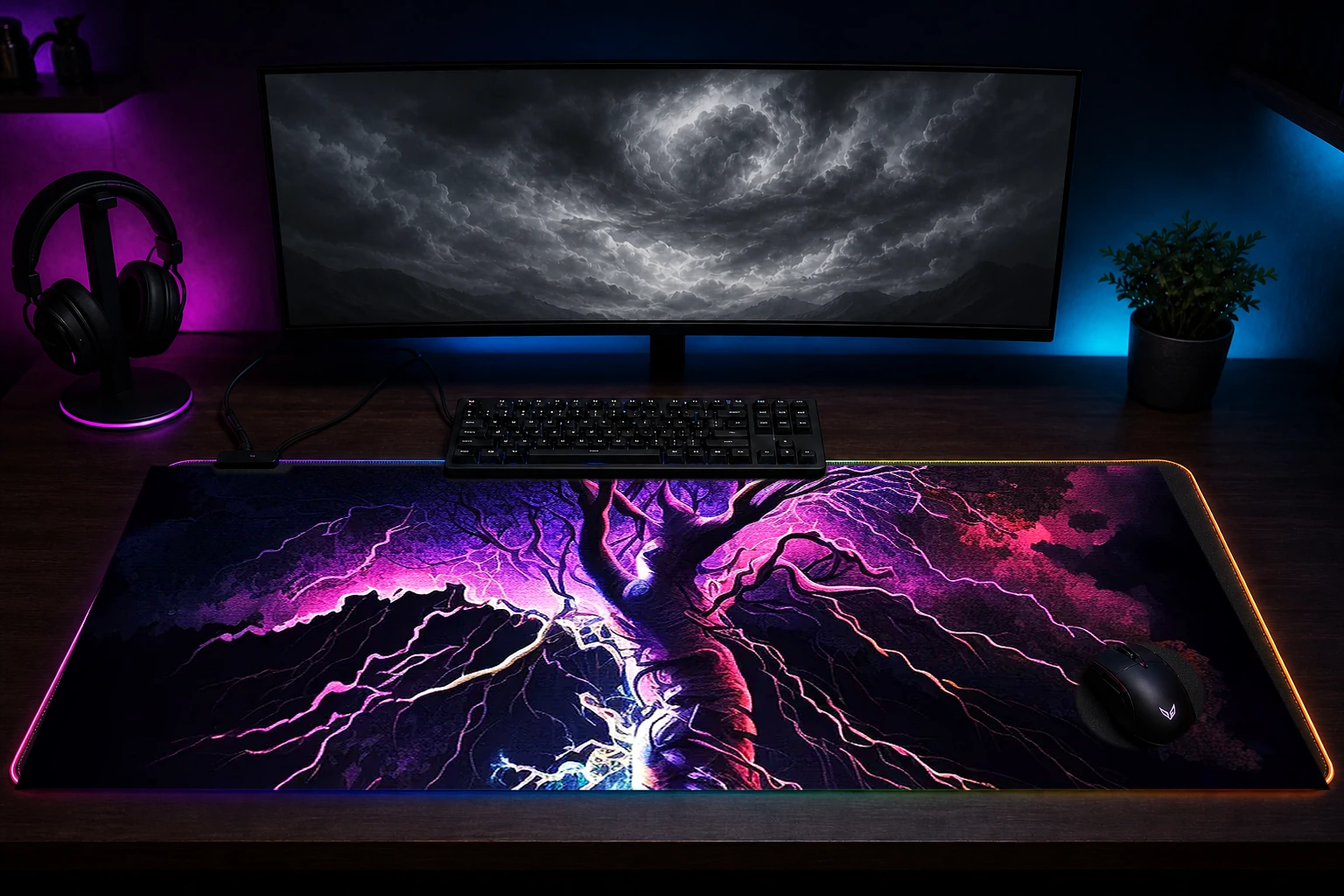 Abstract lightning strike RGB Desk Mat immersive setup scene