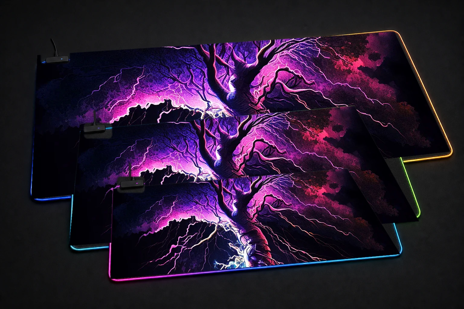 Abstract lightning strike RGB Desk Mat three-size comparison