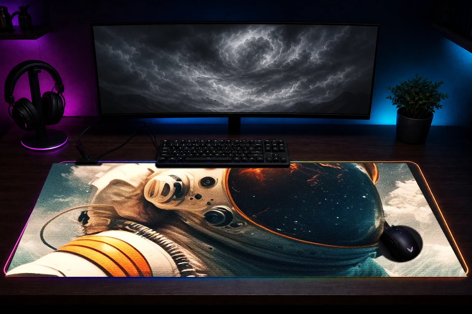 Astronaut in Ocean RGB Desk Mat immersive setup scene