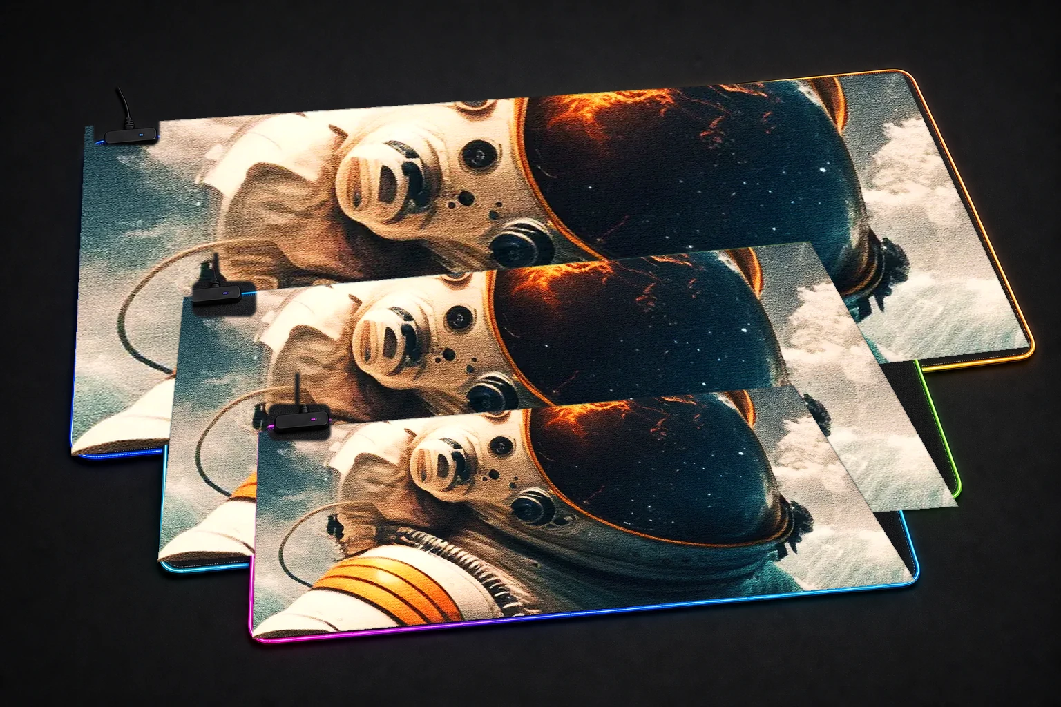 Astronaut in Ocean RGB Desk Mat three-size comparison