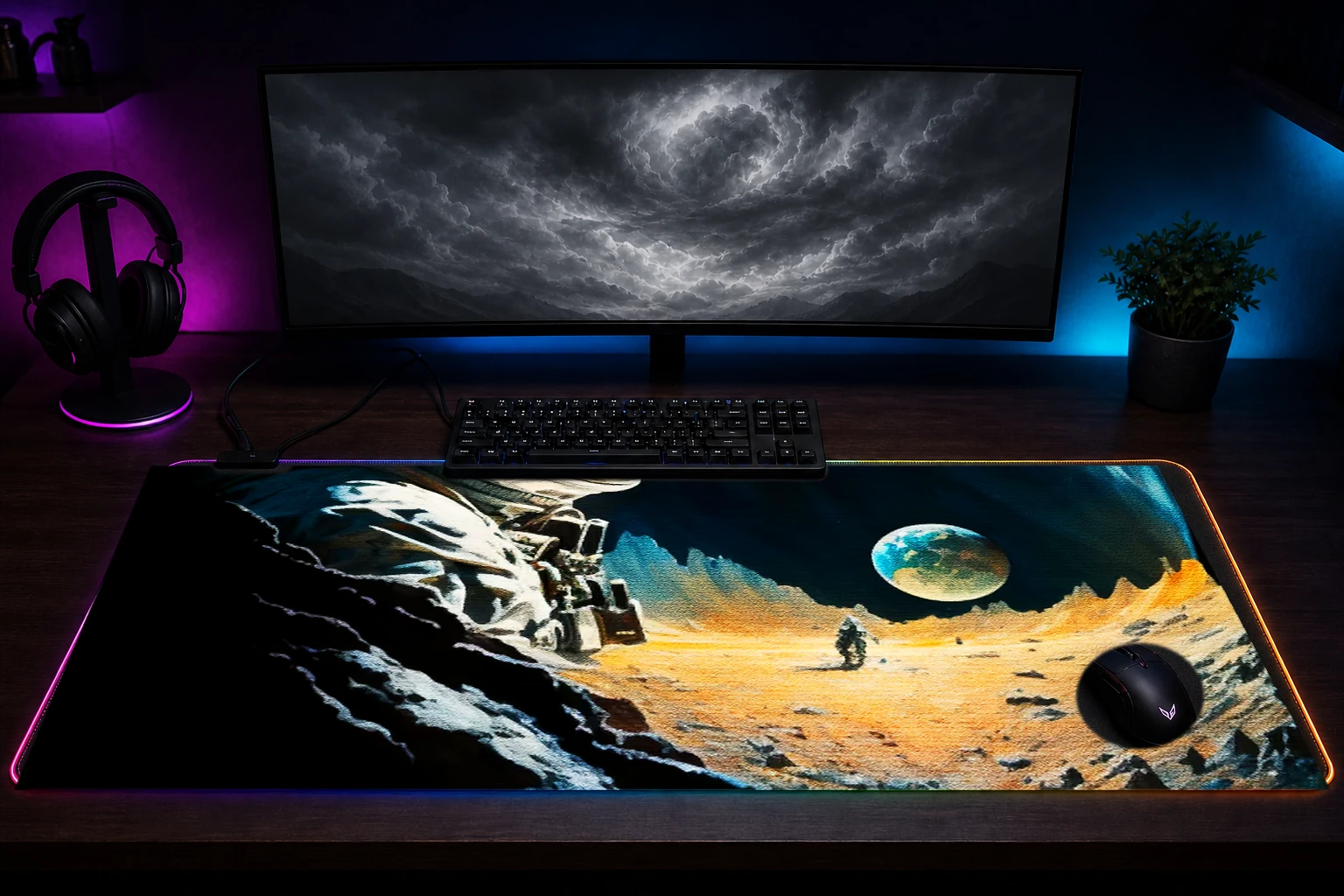 Astronomy on the Moon RGB Desk Mat immersive setup scene