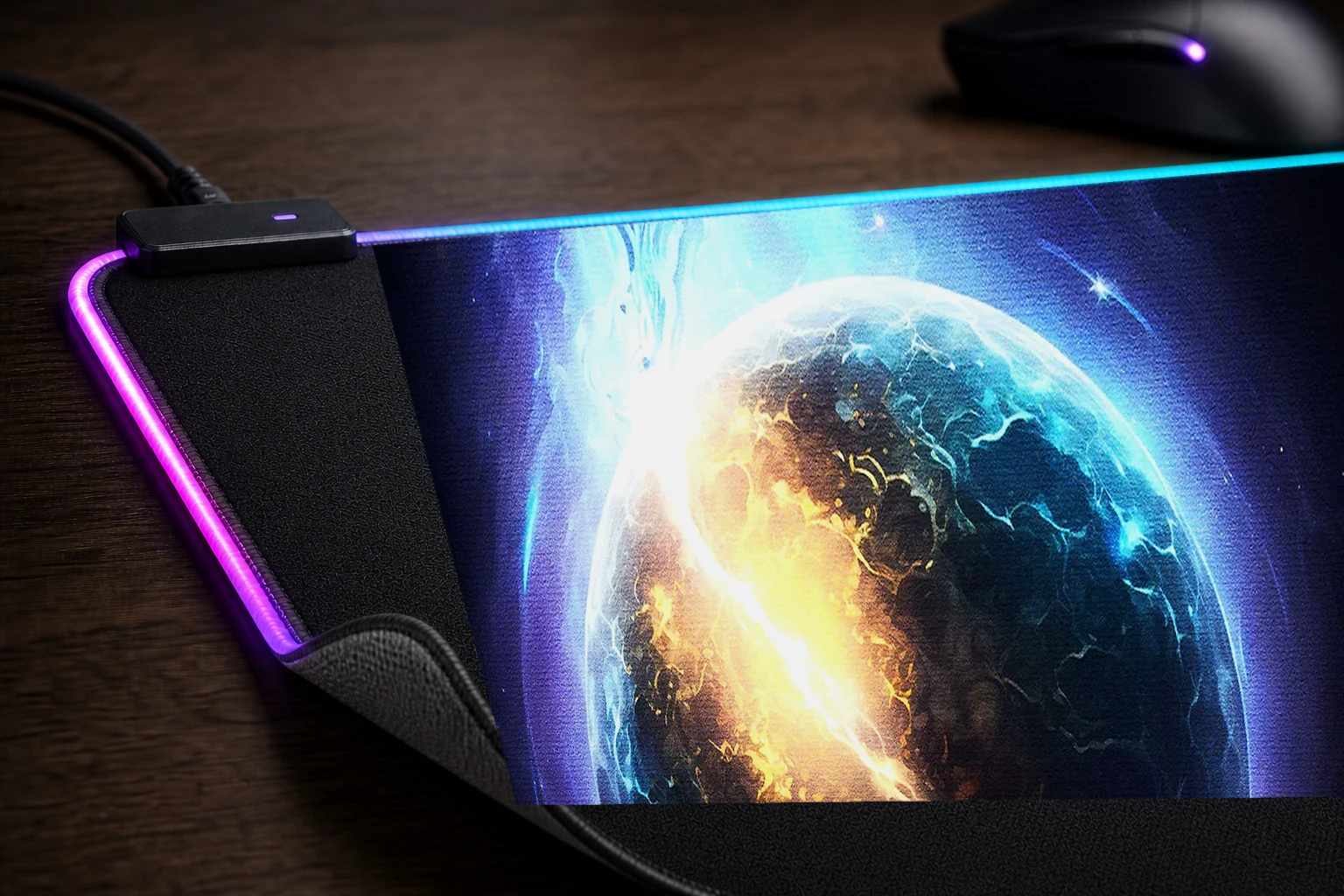 Fantasy Planet RGB Desk Mat controller and material detail