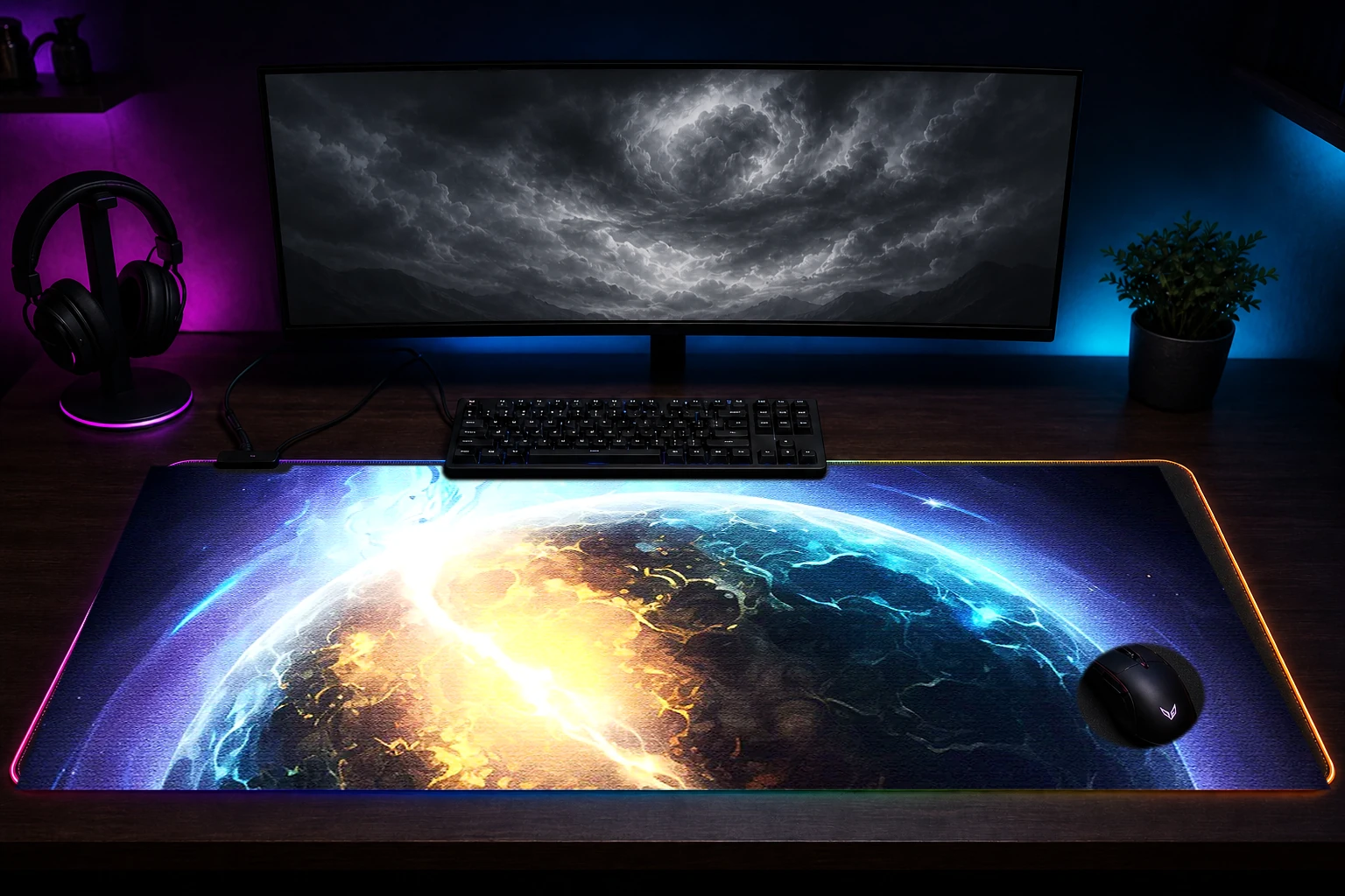 Fantasy Planet RGB Desk Mat immersive setup scene
