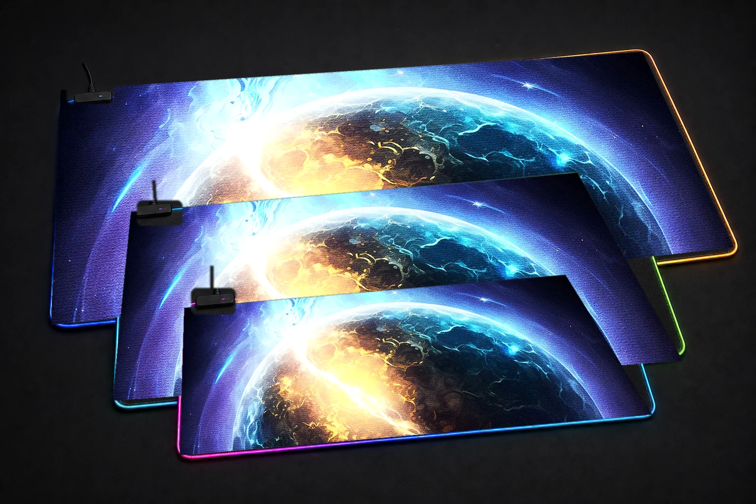 Fantasy Planet RGB Desk Mat three-size comparison