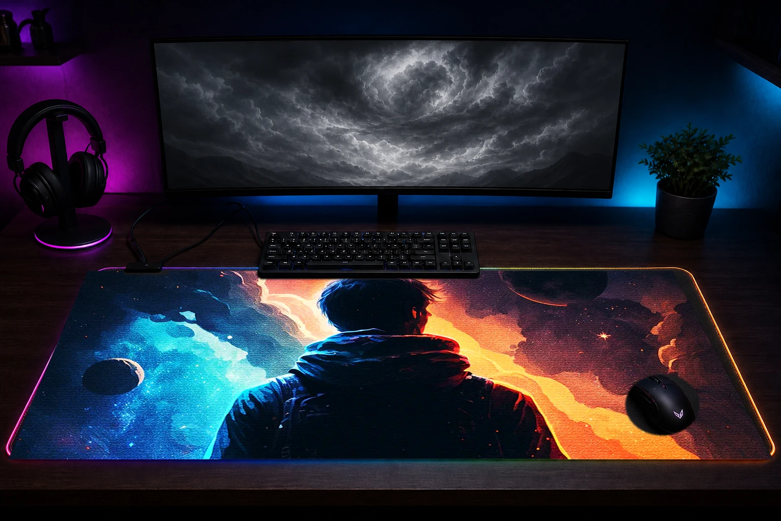 Staring at the planets RGB Desk Mat immersive setup scene