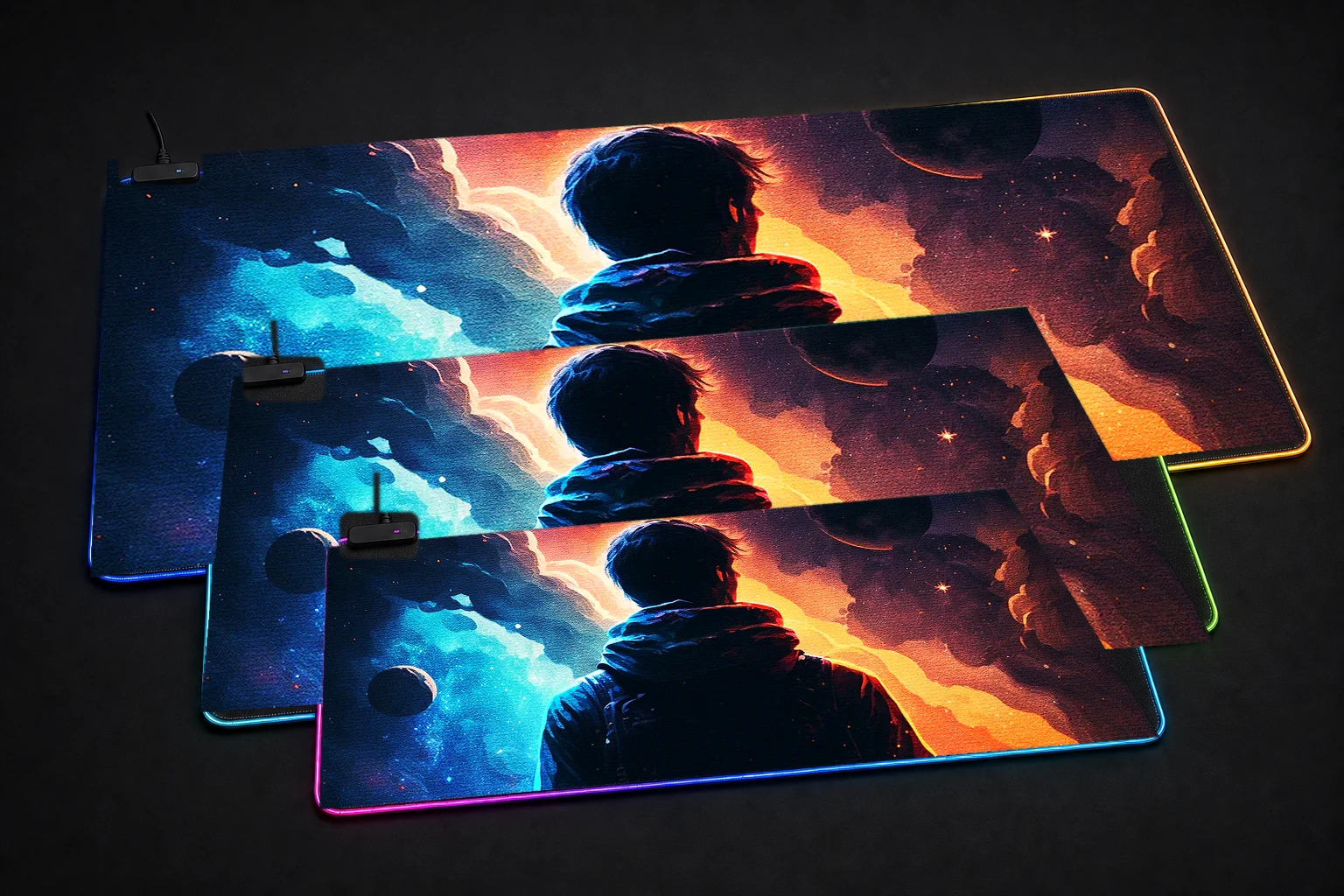 Staring at the planets RGB Desk Mat three-size comparison