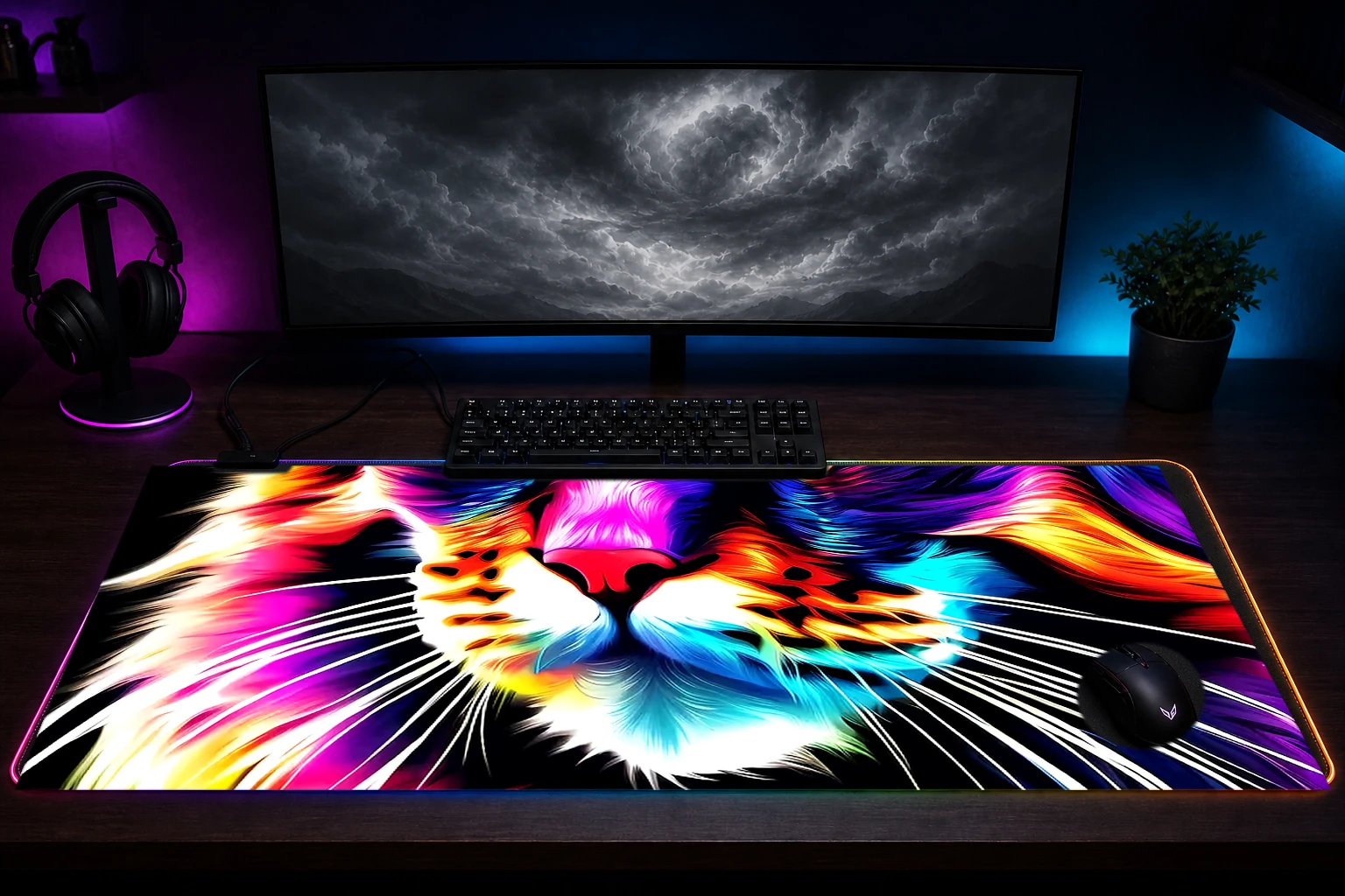 Cat RGB Desk Mat immersive setup scene