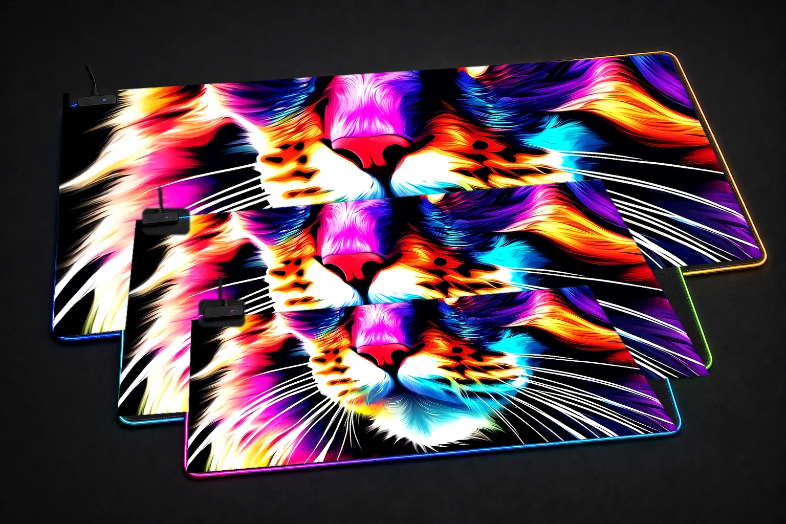Cat RGB Desk Mat three-size comparison