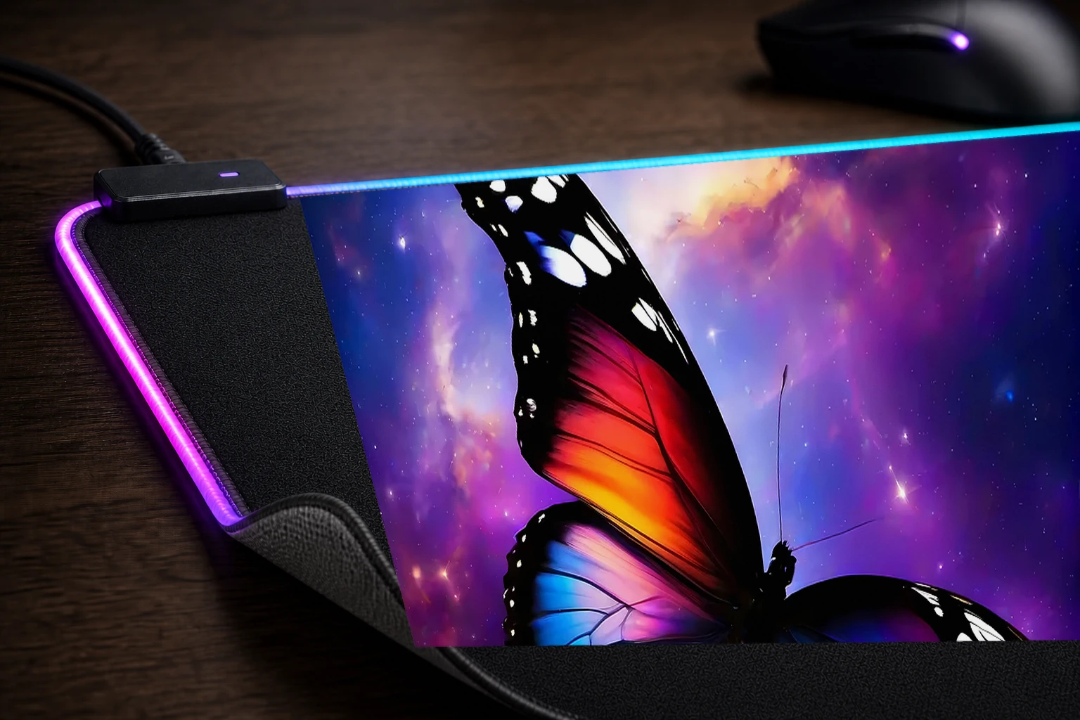 Space Butterfly RGB Desk Mat controller and material detail