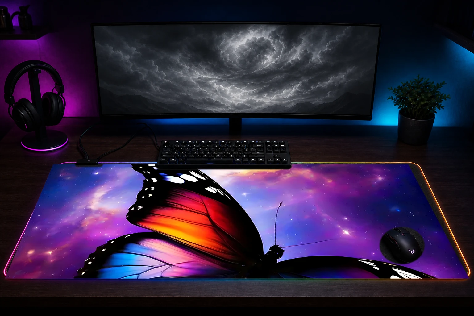 Space Butterfly RGB Desk Mat immersive setup scene