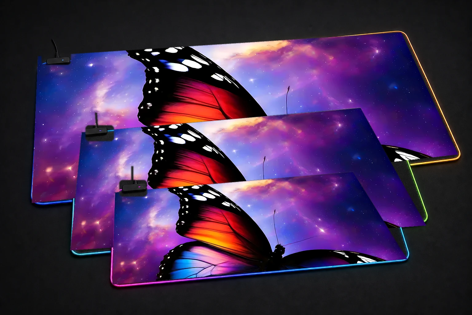 Space Butterfly RGB Desk Mat three-size comparison