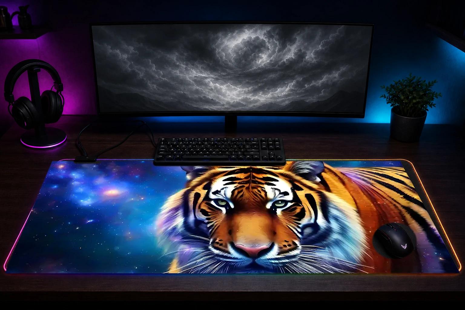 Space Tiger RGB Desk Mat immersive setup scene