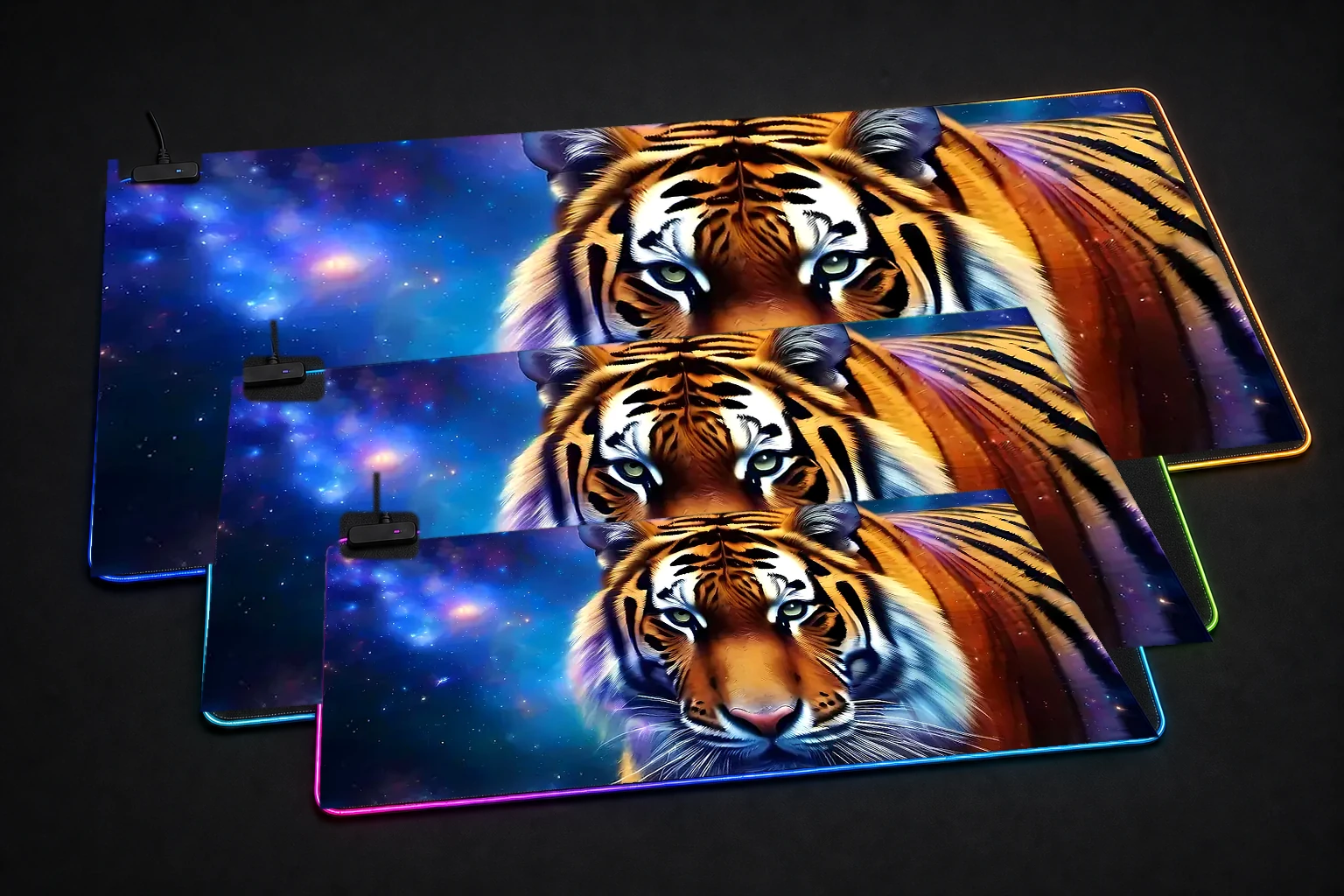 Space Tiger RGB Desk Mat three-size comparison