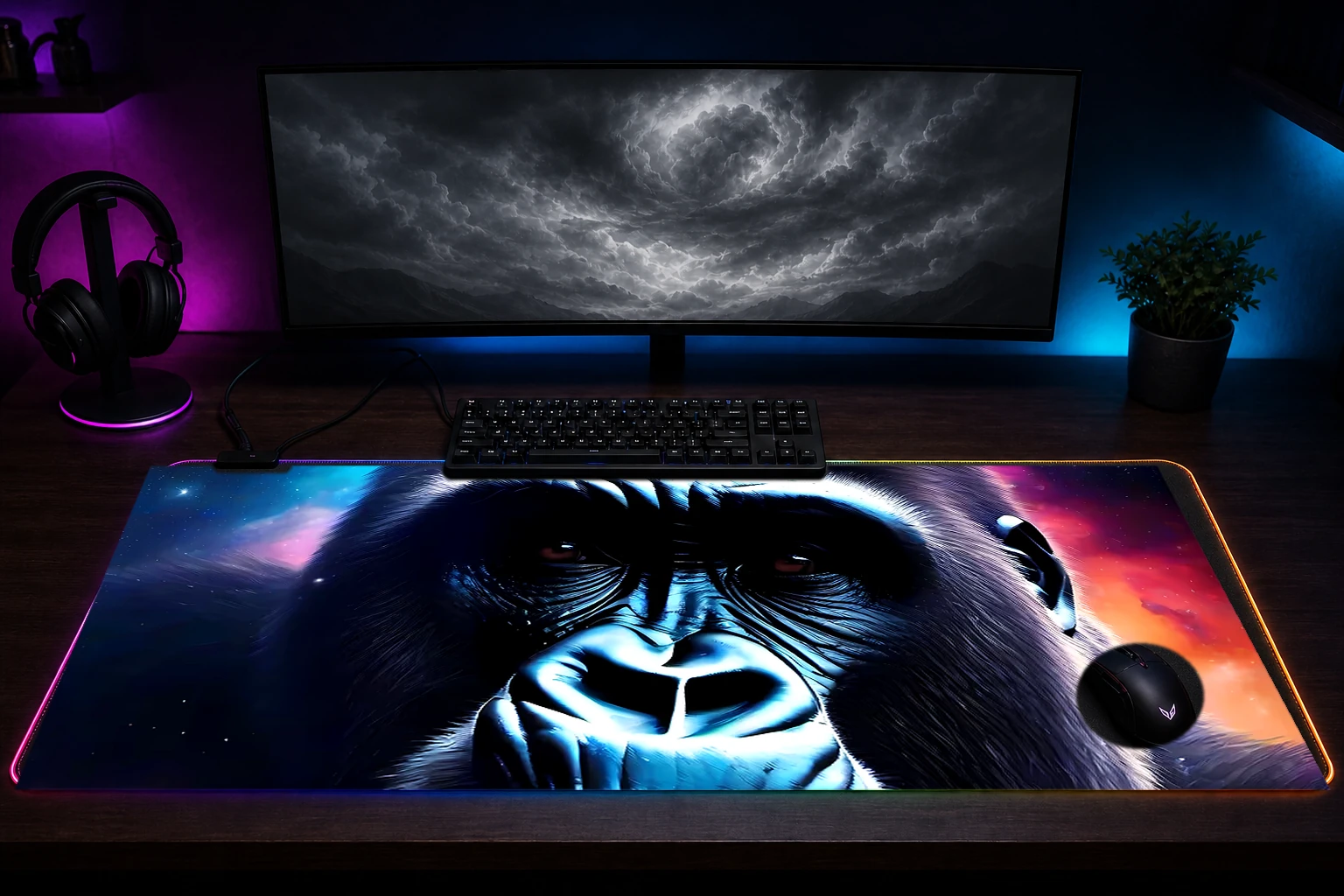 Space Gorilla RGB Desk Mat immersive setup scene