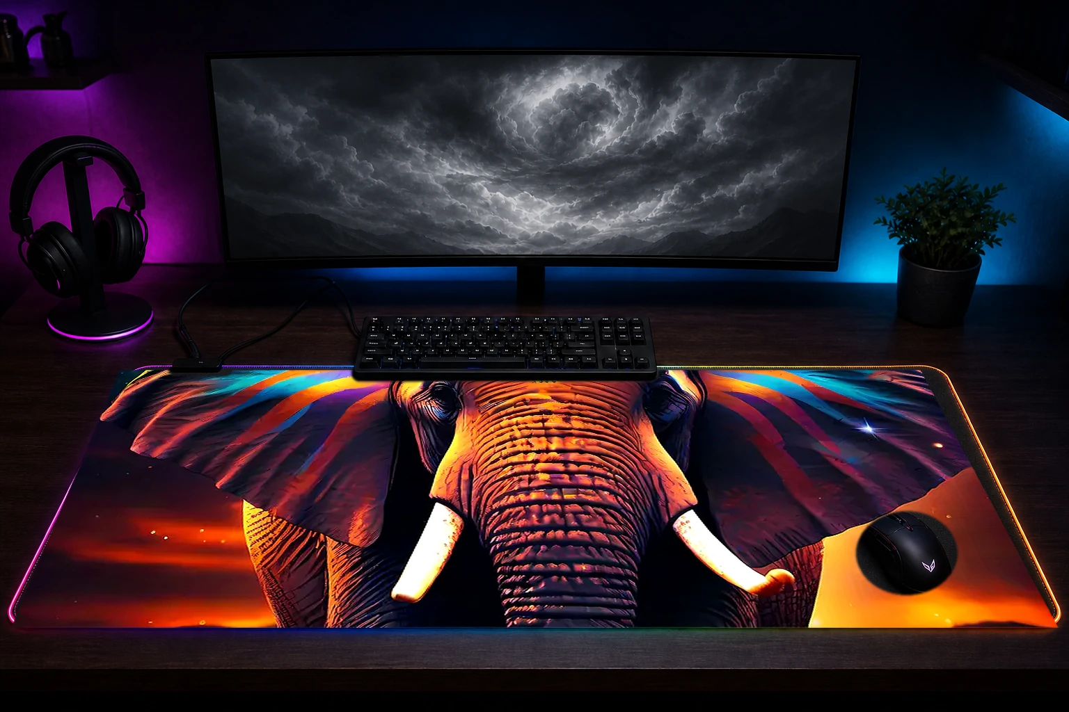 Elephant RGB Desk Mat immersive setup scene