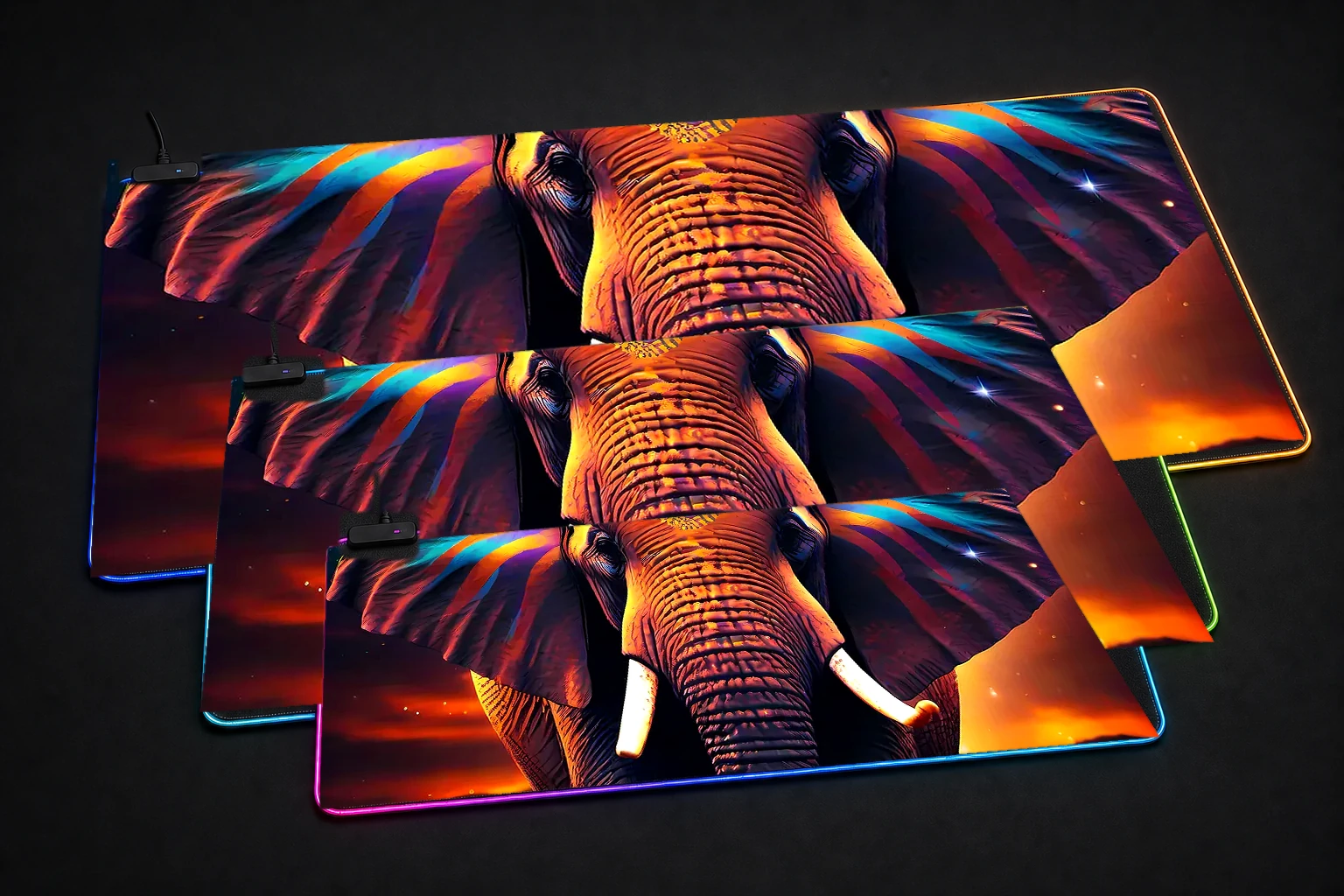 Elephant RGB Desk Mat three-size comparison
