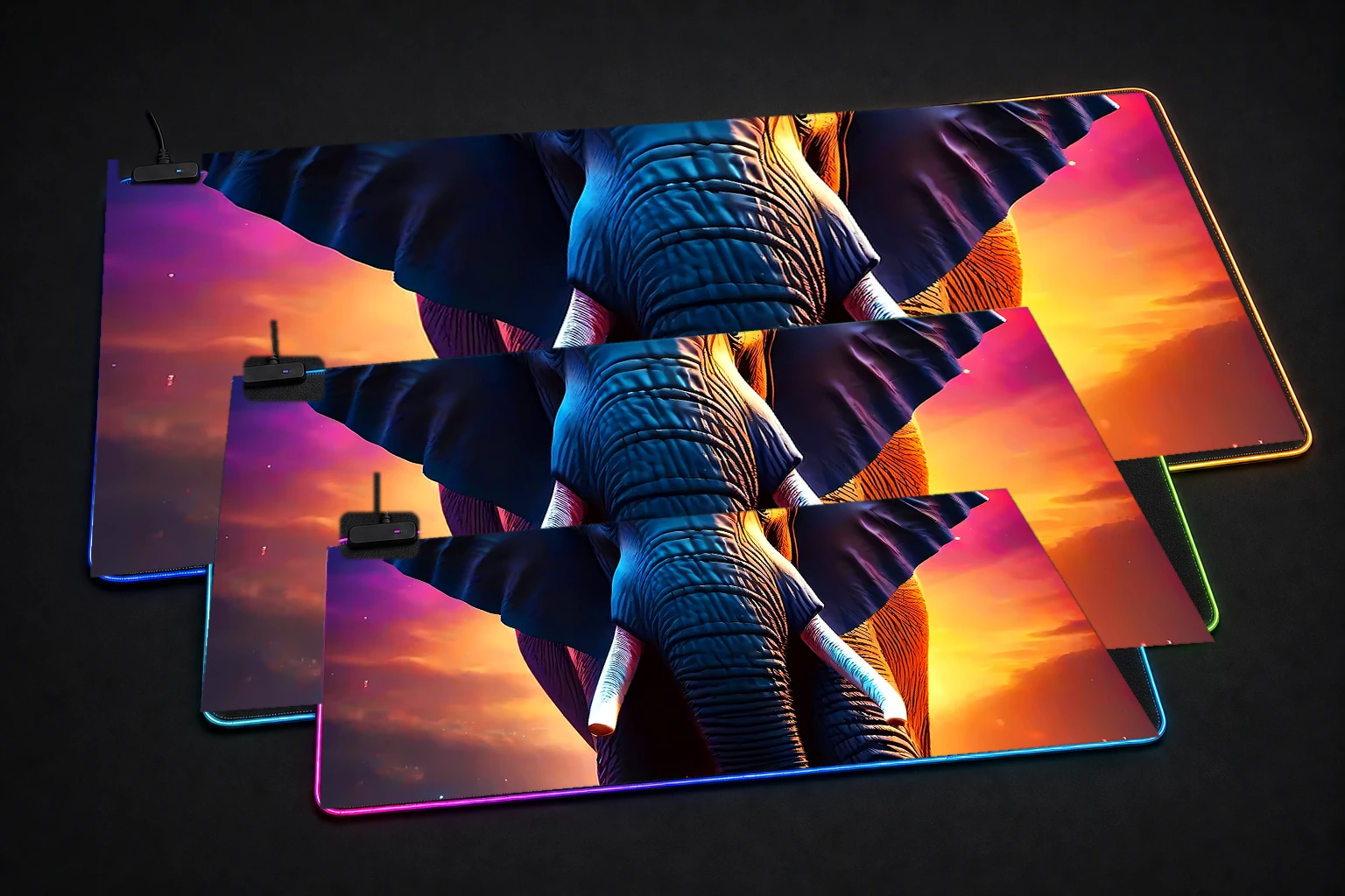 elephant RGB Desk Mat three-size comparison