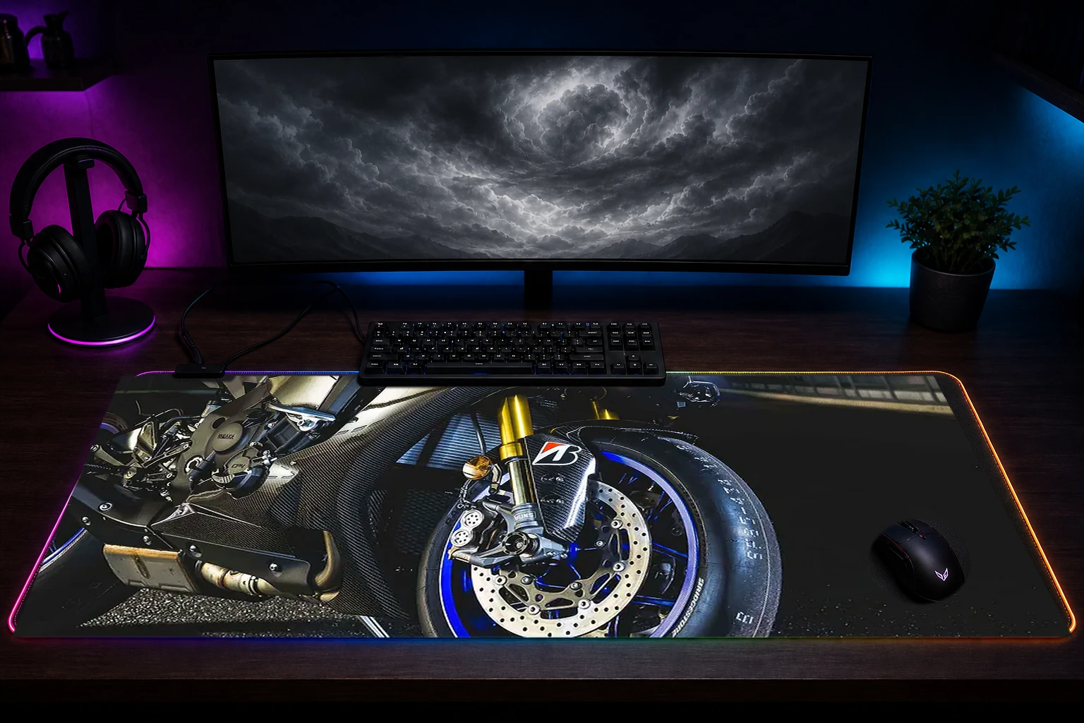 Yamaha R1 RGB Desk Mat immersive setup scene