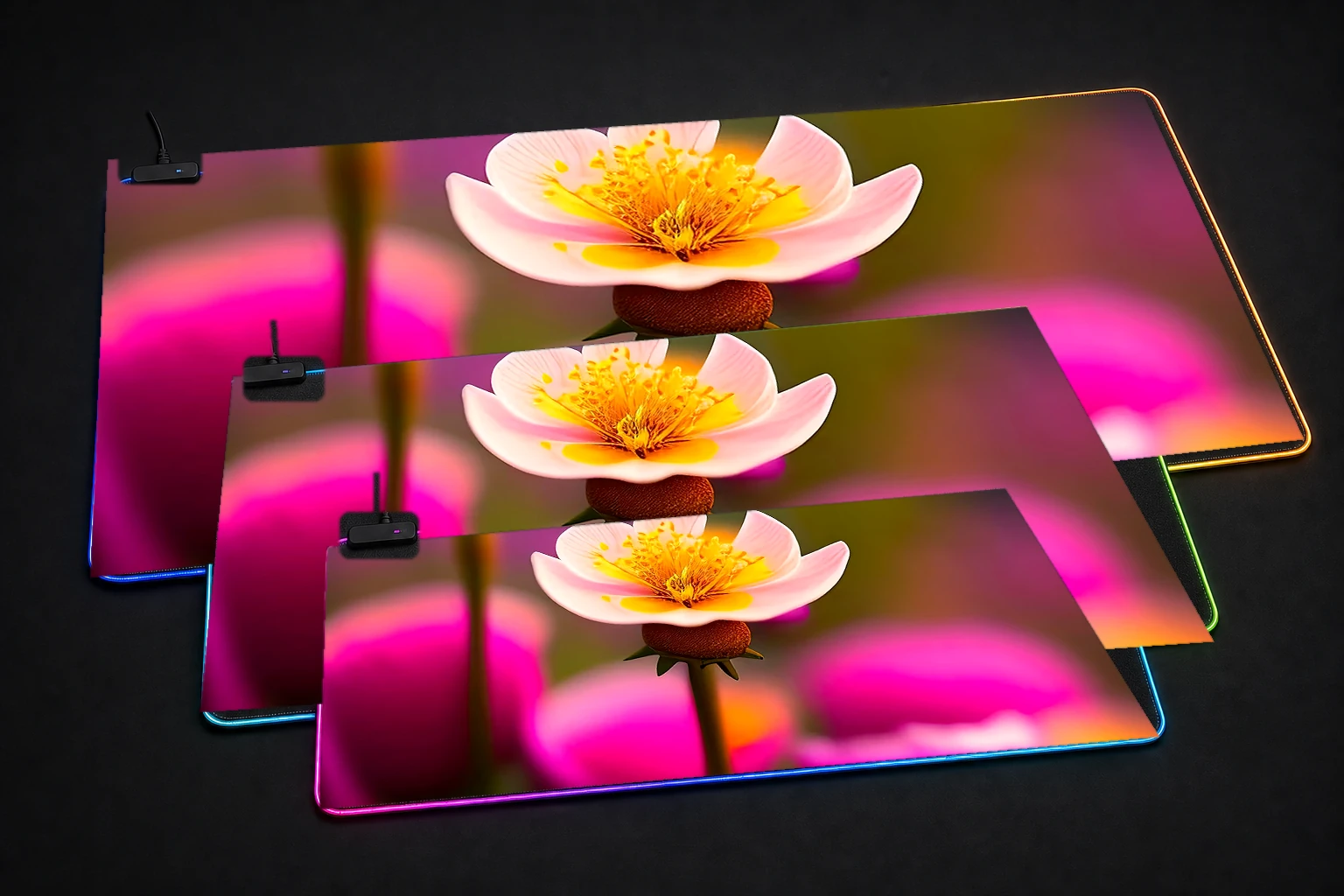 flower art RGB Desk Mat three-size comparison