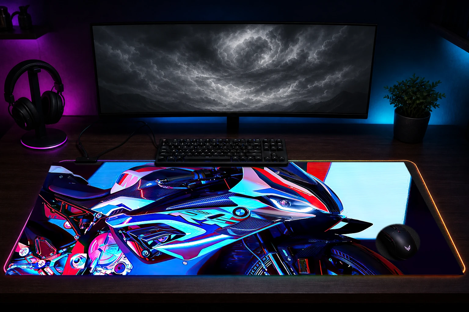 BMW M1000 RGB Desk Mat immersive setup scene