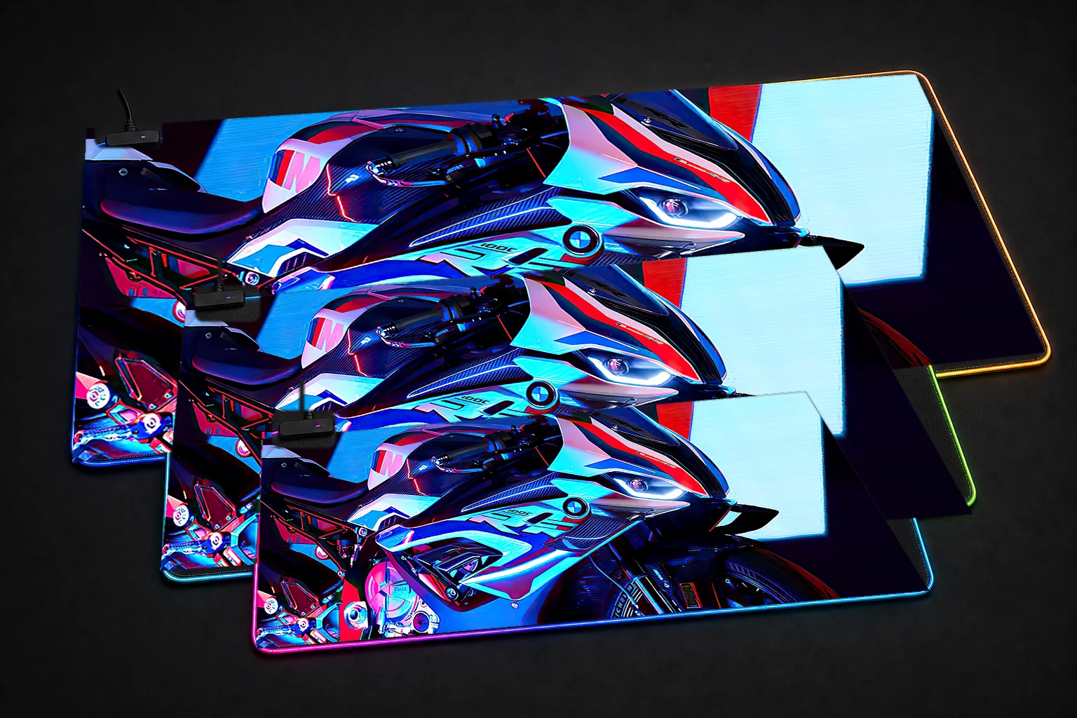 BMW M1000 RGB Desk Mat three-size comparison
