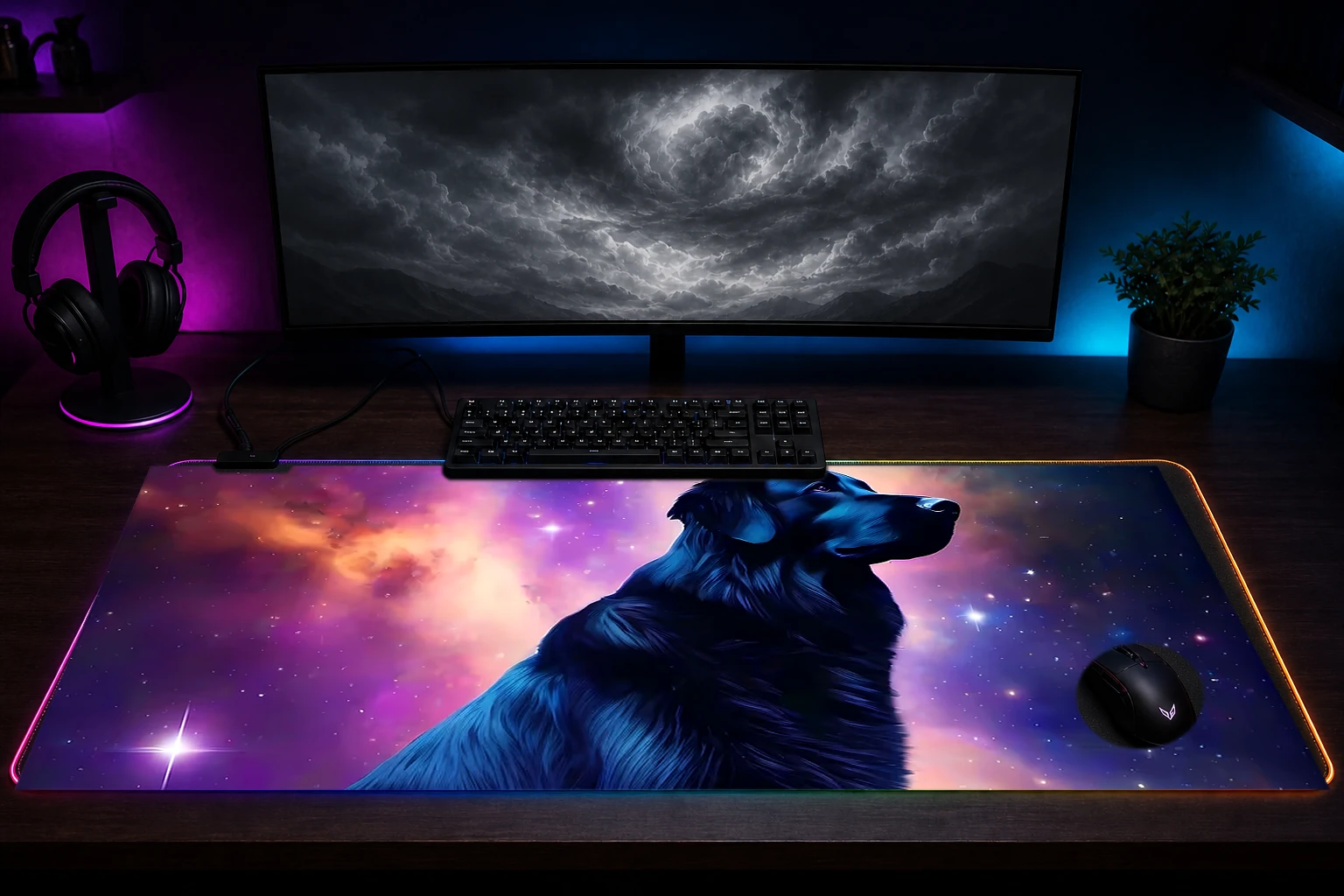 Space Dog RGB Desk Mat immersive setup scene