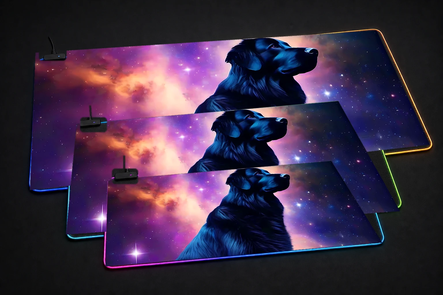 Space Dog RGB Desk Mat three-size comparison