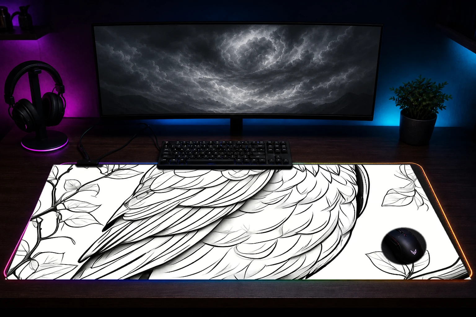 Owl RGB Desk Mat immersive setup scene