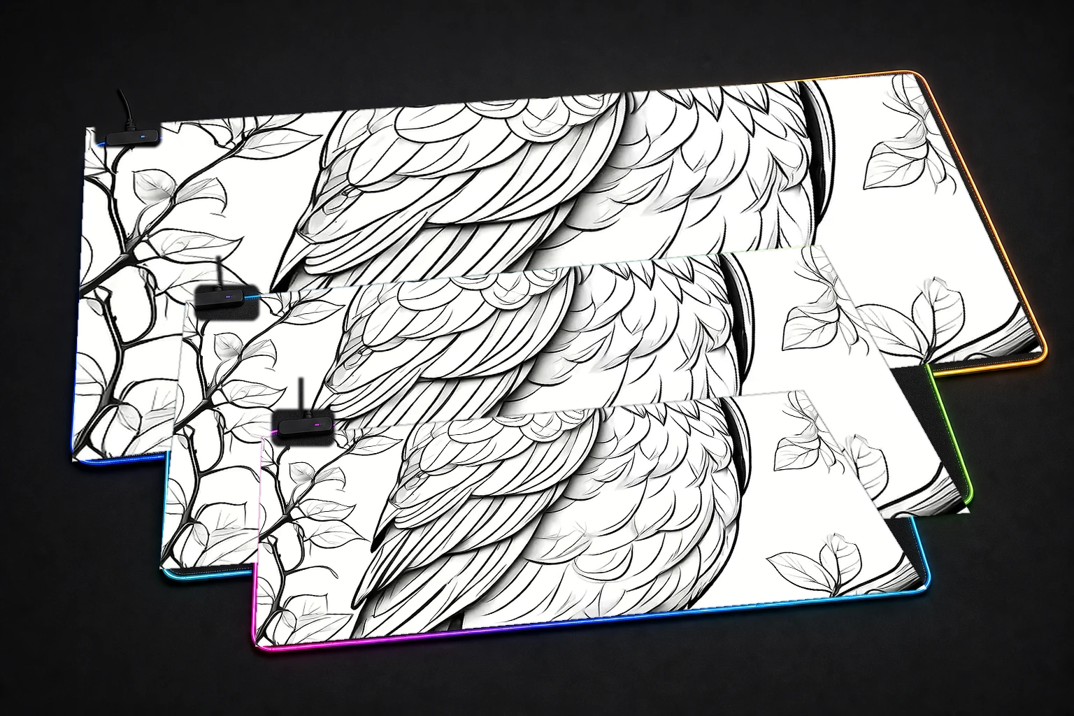Owl RGB Desk Mat three-size comparison
