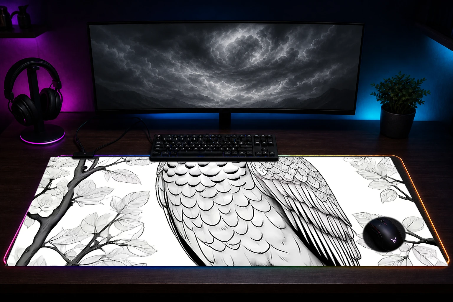 Owl RGB Desk Mat immersive setup scene