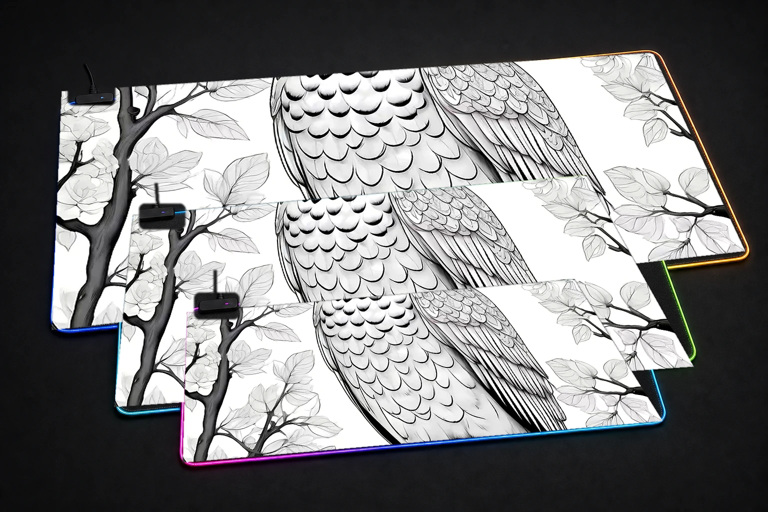 Owl RGB Desk Mat three-size comparison