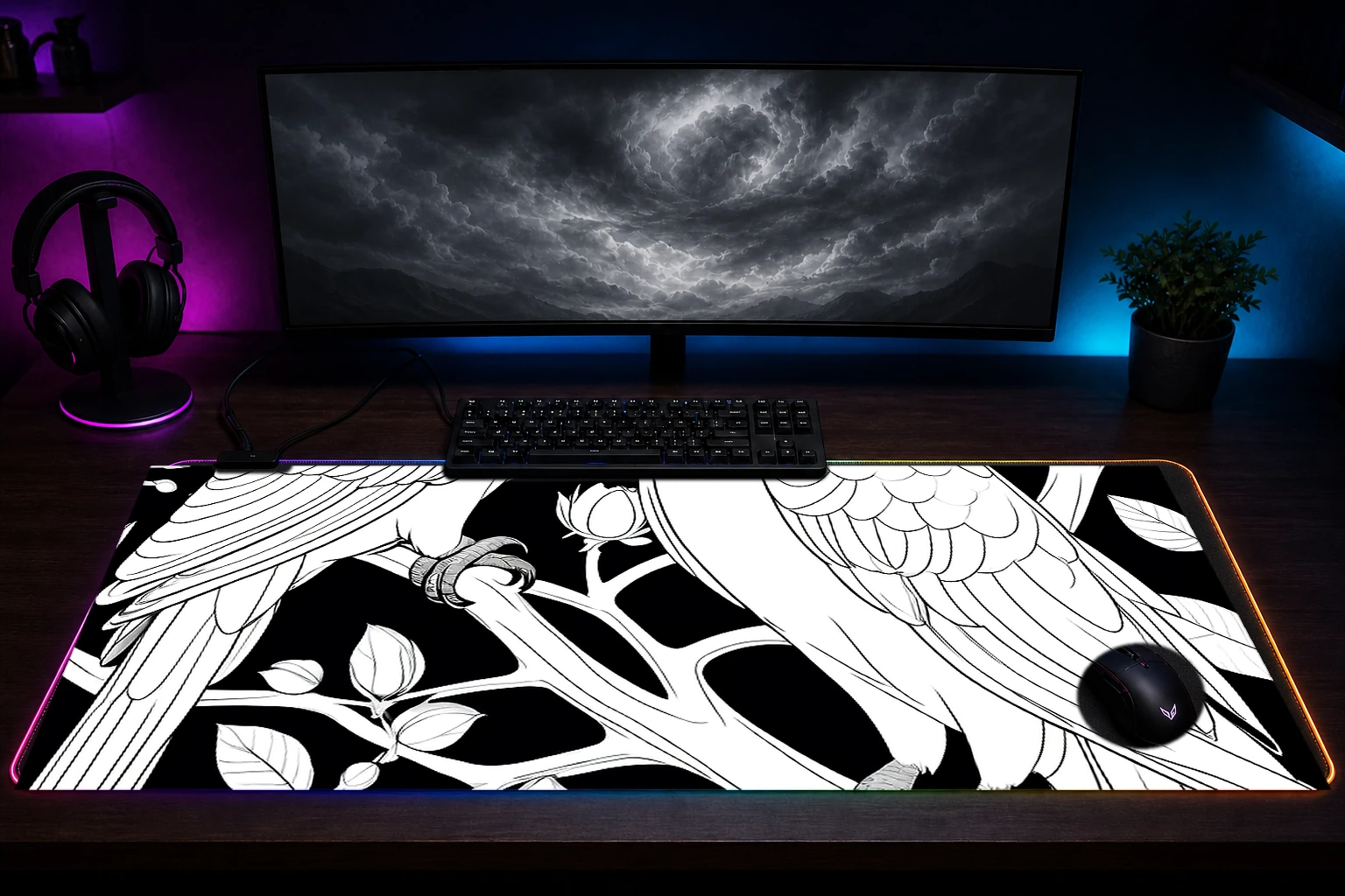 Parrots RGB Desk Mat immersive setup scene