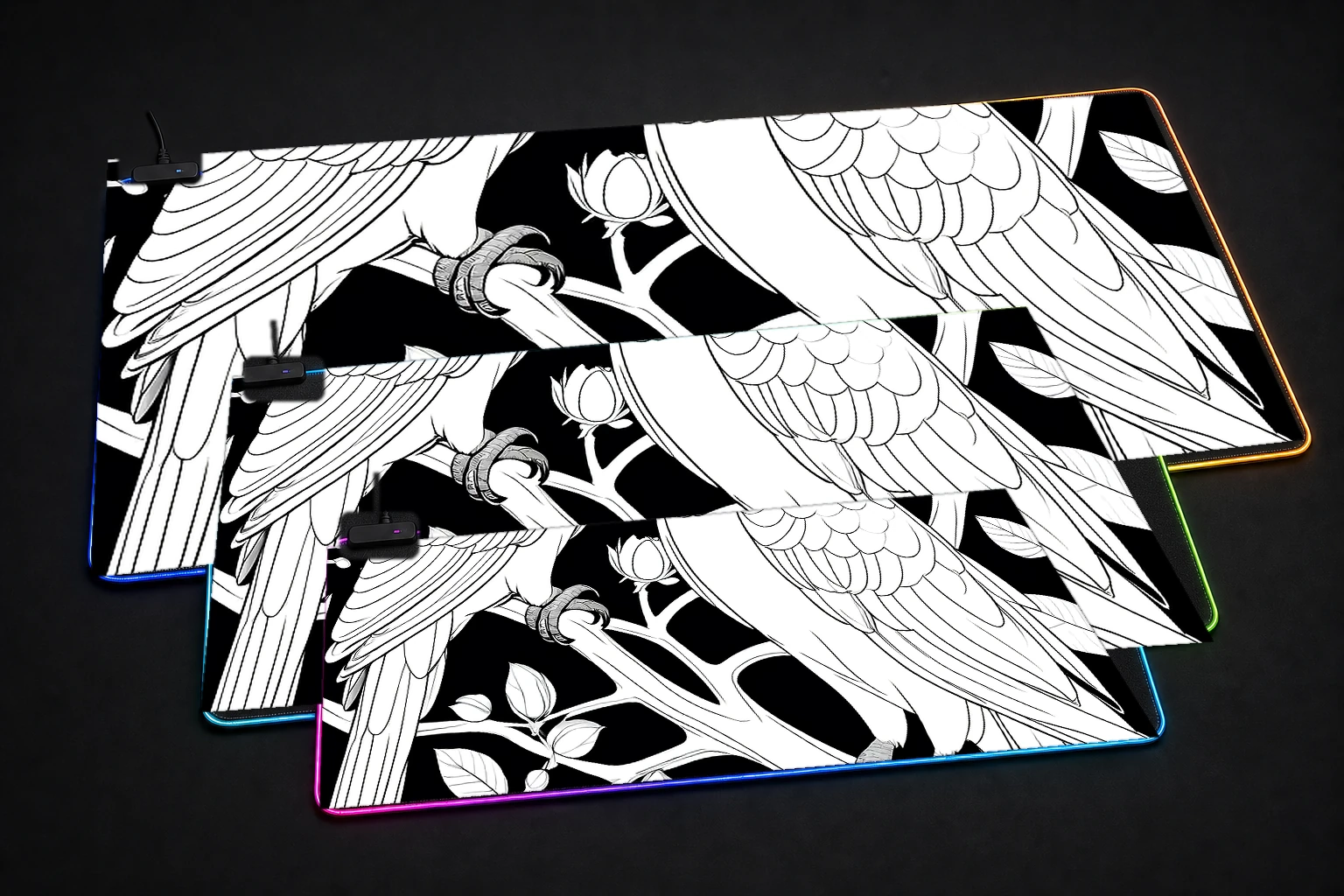 Parrots RGB Desk Mat three-size comparison