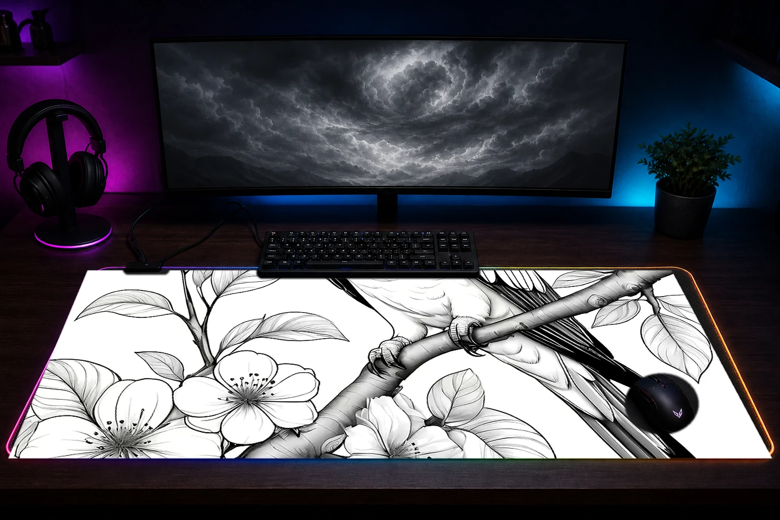 Parrots RGB Desk Mat immersive setup scene